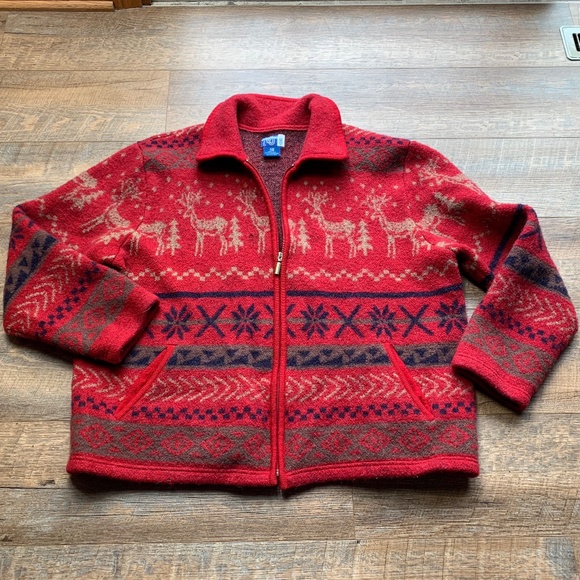 Vintage VENEZIA  Jeans Wool Jacket Women's Size 22/24 Red Zip Reindeer - Picture 1 of 11